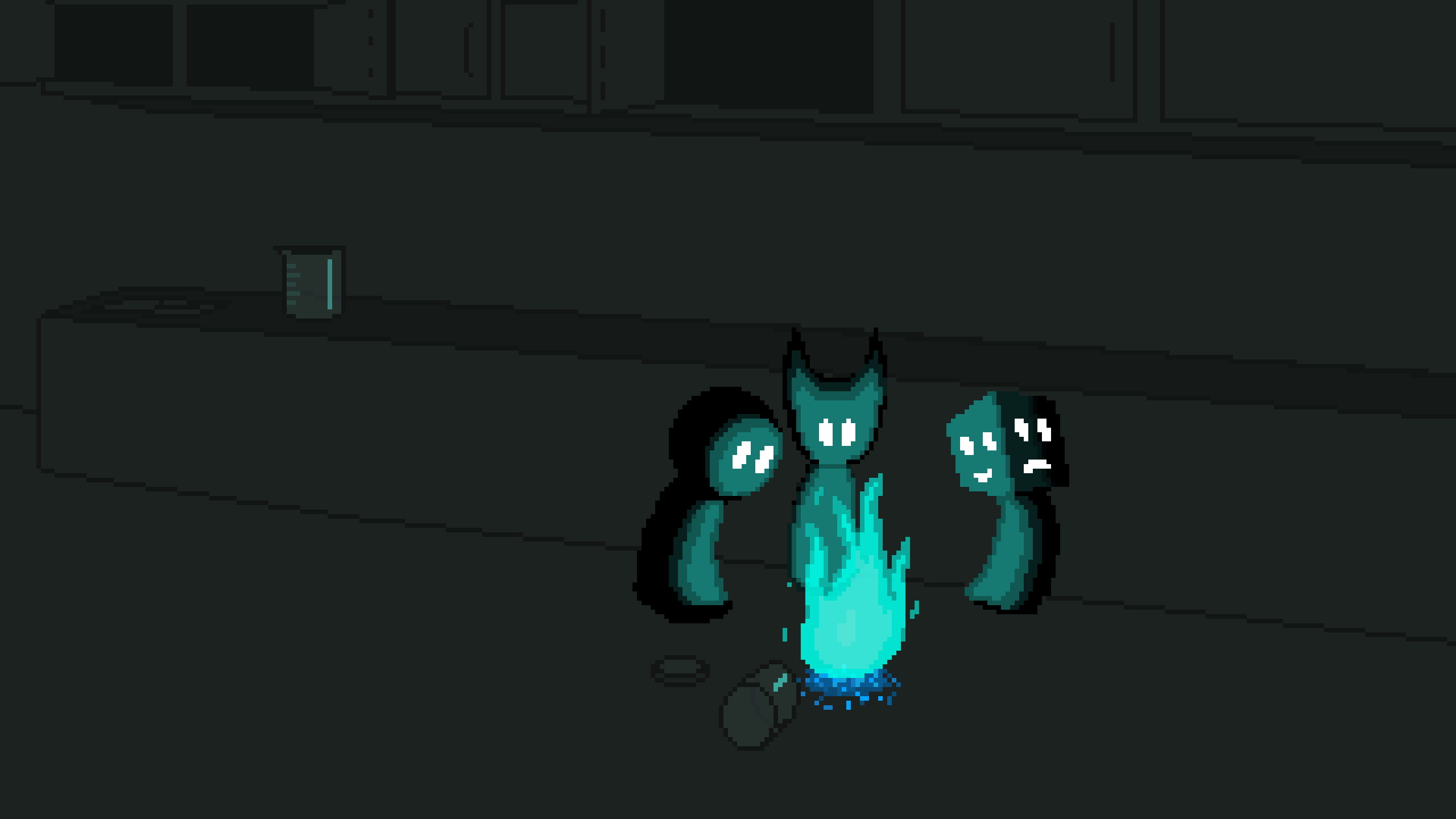 A pixel art drawing of three black entities with white glowing eyes. The leftmost one has a circular head, the middle one has a head that looks like it has horns, and the rightmost one has a cubic head with faces on each side. They are all three staring at a blue fire, which is comming out of a blue dust. There's a glass jar near the fire. In the background, one can see what seems to be a kitchen of sorts, and on the counter there is a beaker.