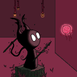 A drawing of dark entity with white glowing eyes, what appears to be horns, and appendages that resemble tentacles. The entity is standing on a stone in a pink-lit room, staring at a squid-like floating creature. The entity is holding two spears, pointing one at the floating creature. In the background, what appears to be orange glowing fruits can be seen hanging from the roof.