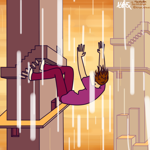 Drawing of a person falling through a space consisting of an endlessly repeating tower.