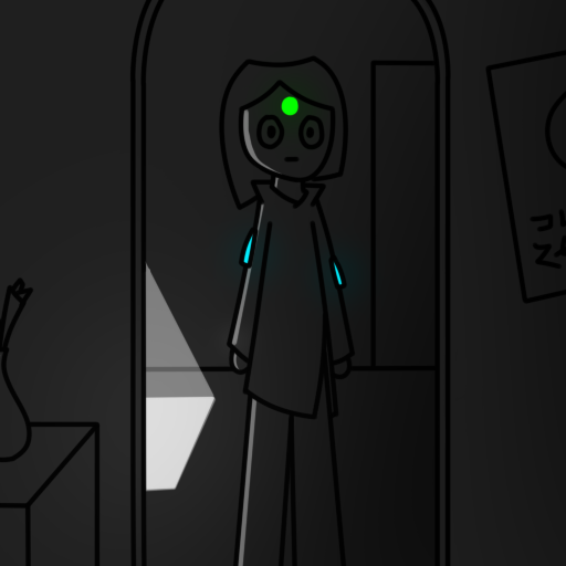 Drawing of a person staring at themselves, they have growing hanging things coming out of their coat and a green firefly on their forehead.