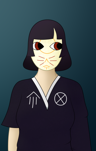 A drawing of a person wearing a mask that covers her whole face. She's looking to the left, but her face is directed to the observer. Her clothing has a long sleeve to the right and a short sleeve to the left, on her chest there are two symbols.