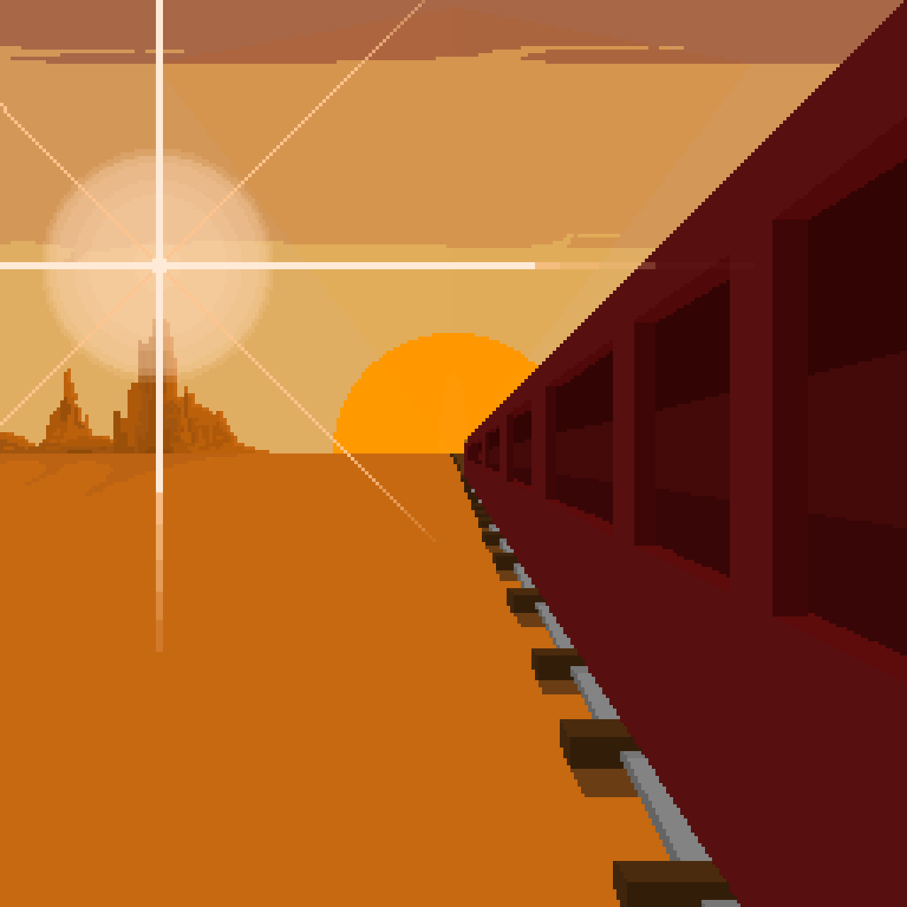 A view of a train during a sunset on rails that go through a desert. There is a palace in the distance shining very brightly.